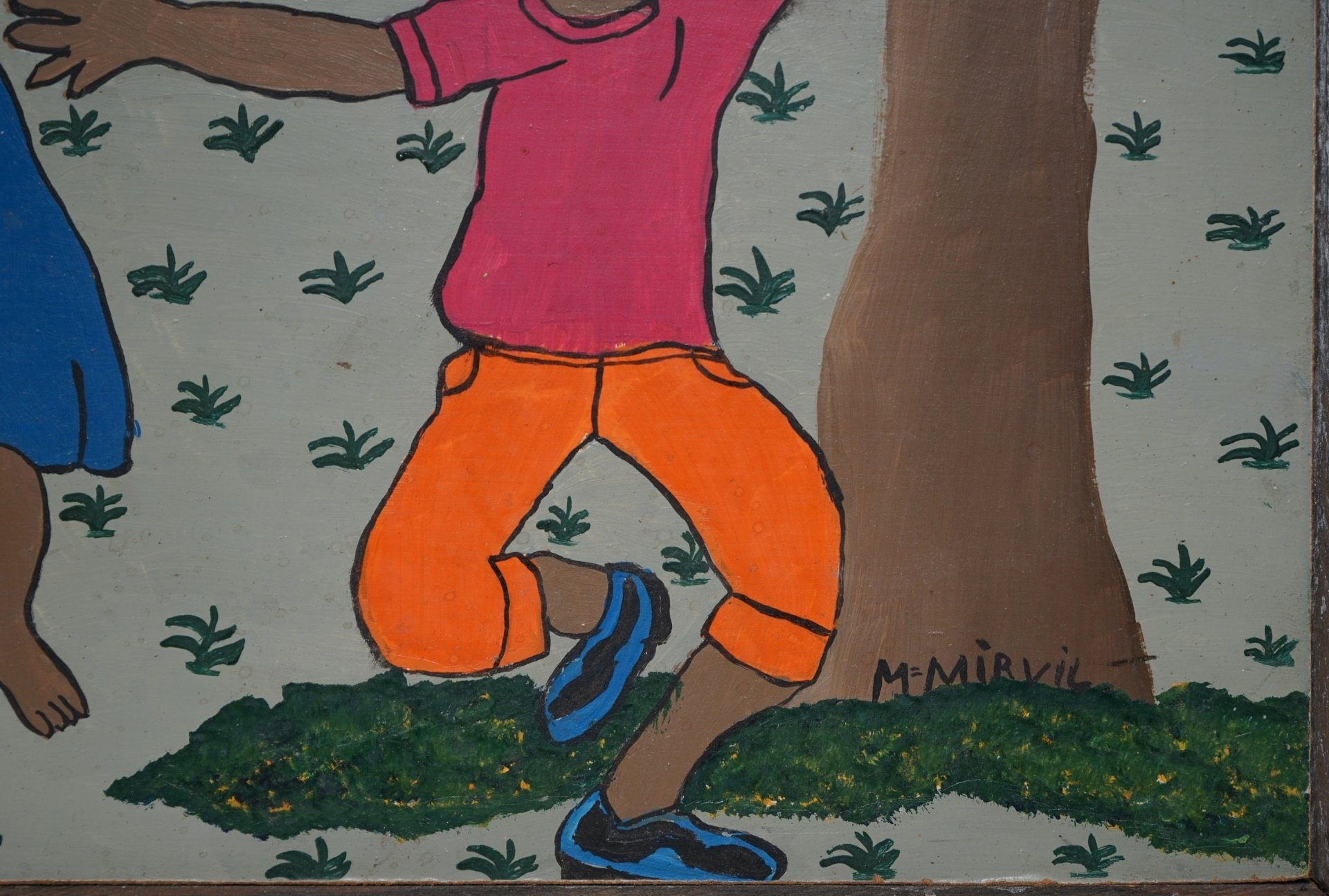 Artwork by Madeline Mirvil, Boy with Dog Holding Ice Cream With House and Other Figures, Made of Oil on masonite