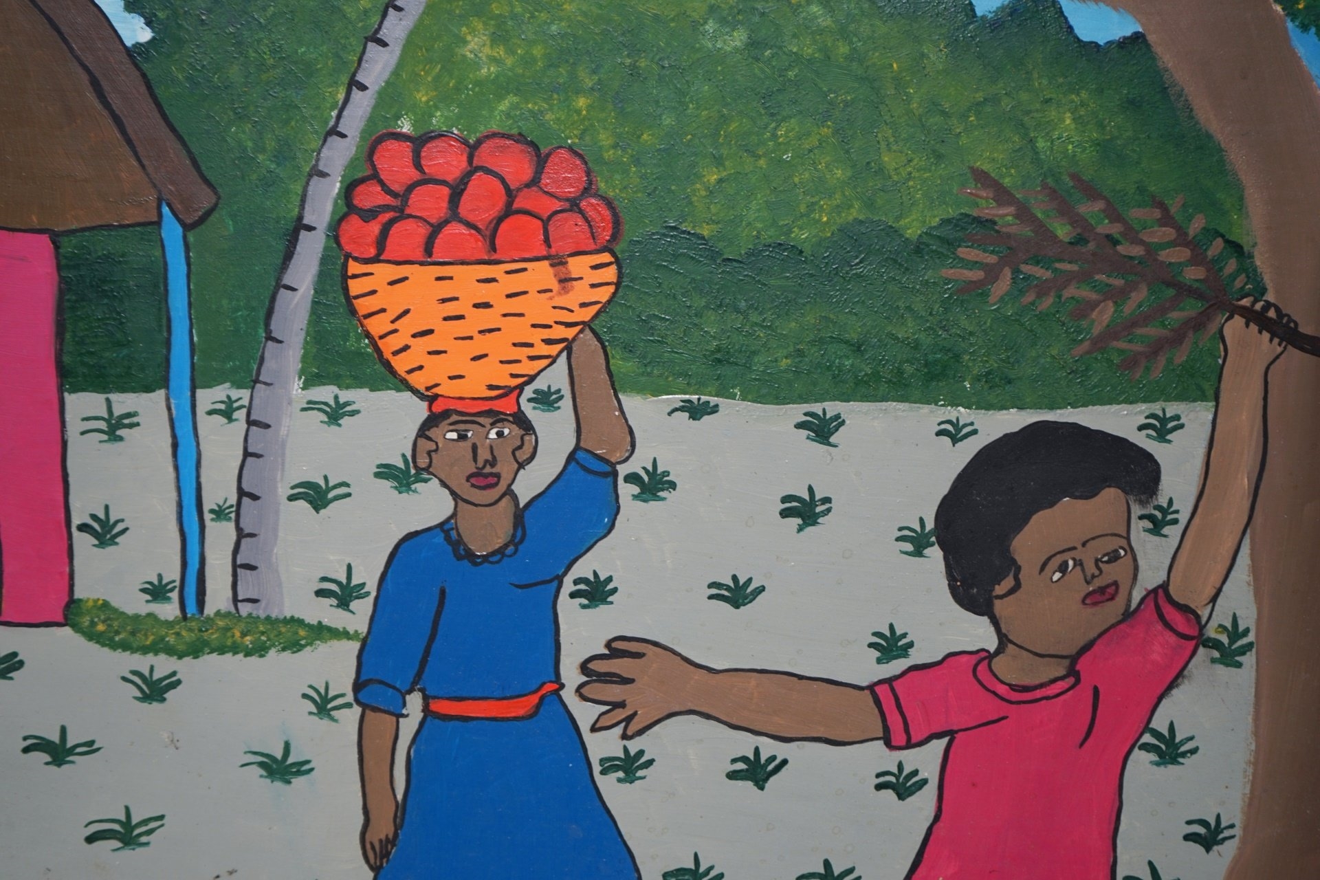 Artwork by Madeline Mirvil, Boy with Dog Holding Ice Cream With House and Other Figures, Made of Oil on masonite