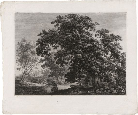 Große Eiche am Wasser, darunter ein Angler mit Schlapphut by Carl Wilhelm Kolbe, Um 1801