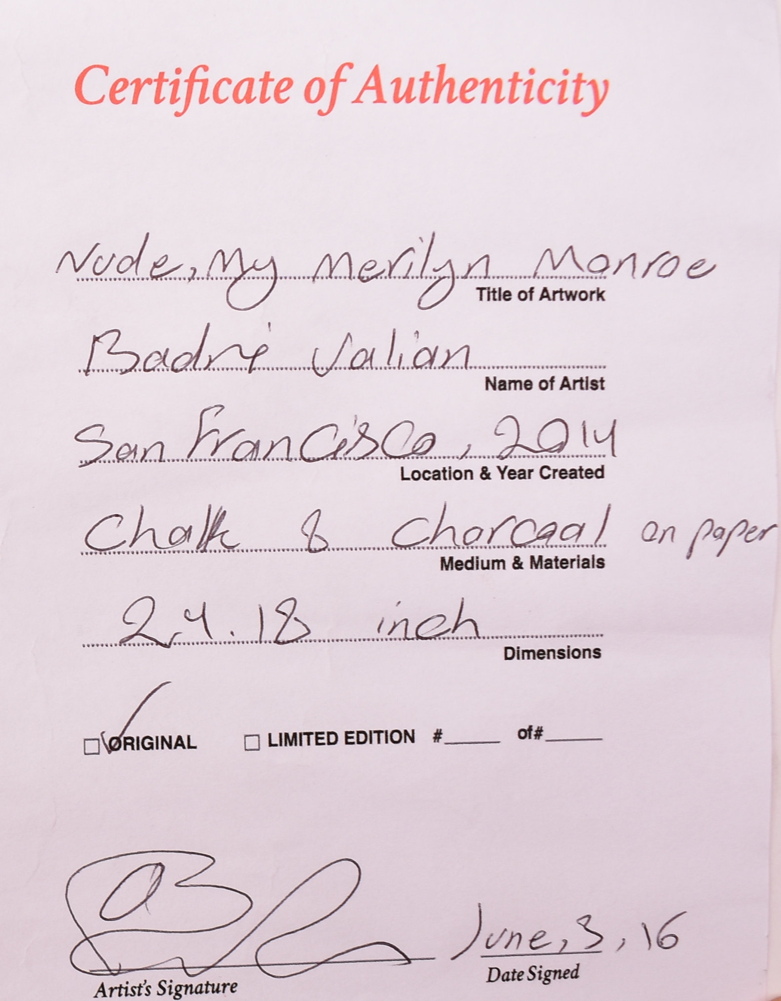 Artwork by Badri Valian, BADRI VALIAN (B. 1977) - NUDE - MARILYN MONROE - 2014, Made of Charcoal and chalk on paper