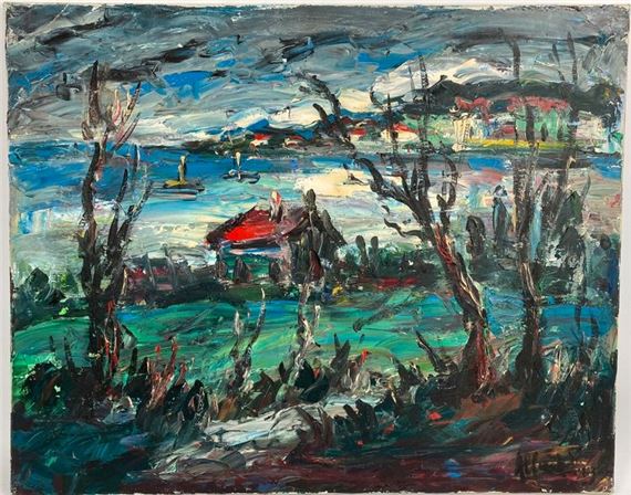 A vibrant, expressionist landscape painting of a lakeside scene with bare trees and distant buildings.