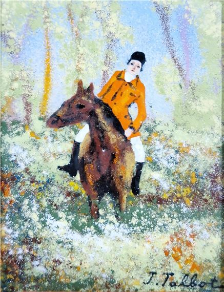 Huntswoman on horseback in woodland - J. Talbot