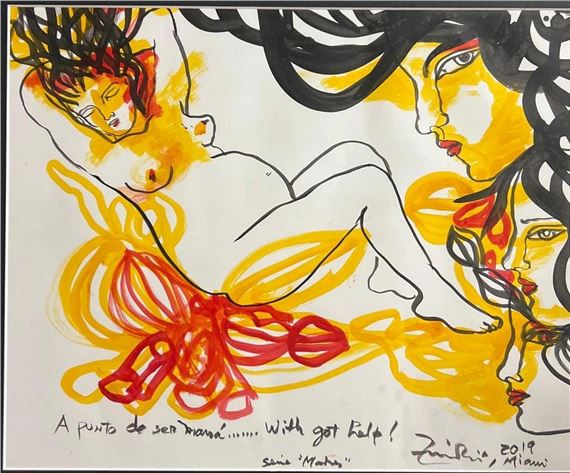 Zaida DEL RIO (1954) Cuban art. Framed watercolor on cardboard signed and dated. - Zaida del Rio