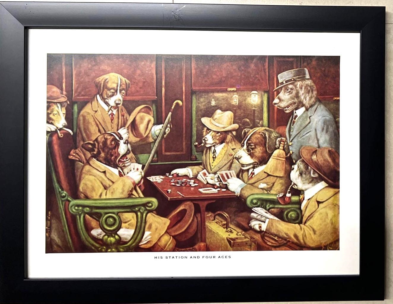 Very Rare Vintage Dogs Playing Poker C.M. Coolidge Framed Print Titled His Station and Four Aces - Cassius Marcellus Coolidge