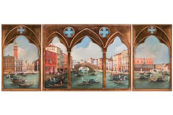 A triptych of gondolas in Venice in arched panels - E. Melis