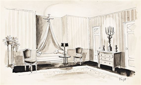 Interior bedroom scene. by Hilary Knight, circa 1955