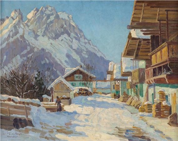 Winterliche Dorfstraße mit der Zugspitze by Lonny von Plänckner
