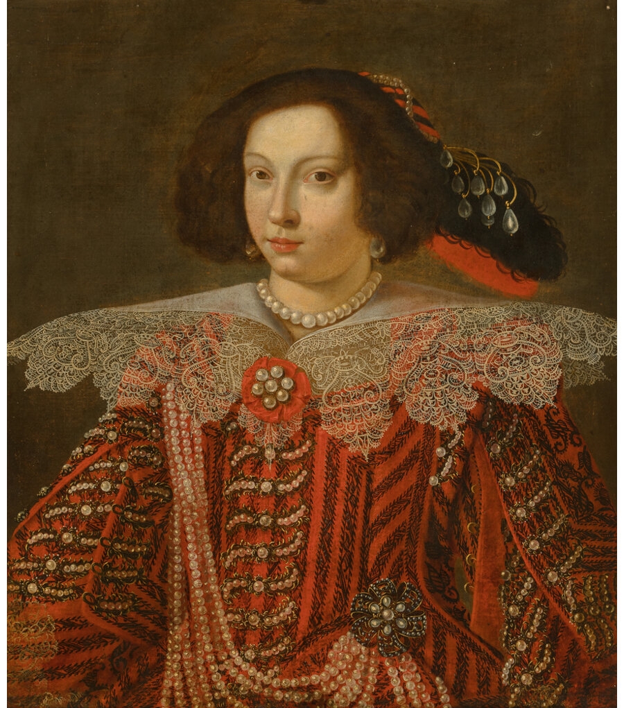 Artwork by Matteo Loves, Giovanni Battista Pesari, Portrait of Maria Caterina Farnese, Duchess of Modena, Made of Oil on canvas laid on panel