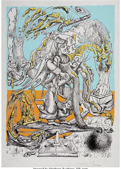 A surreal, woodcut-style illustration of a central figure surrounded by organic, flowing forms and vibrant colors.