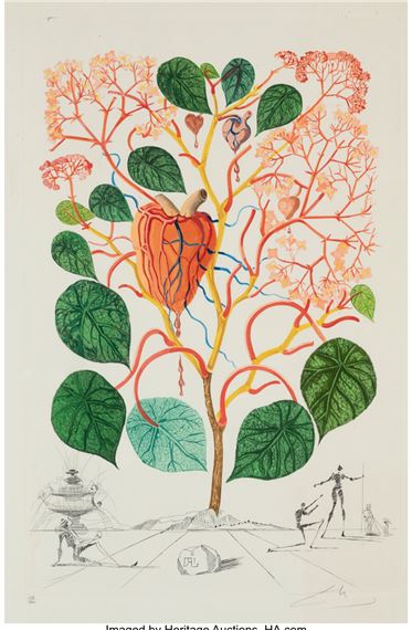A surreal botanical illustration merging a human heart with a flowering tree and anatomical details.