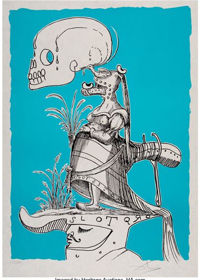 A drawing of a man riding a horse with a skull on his back.