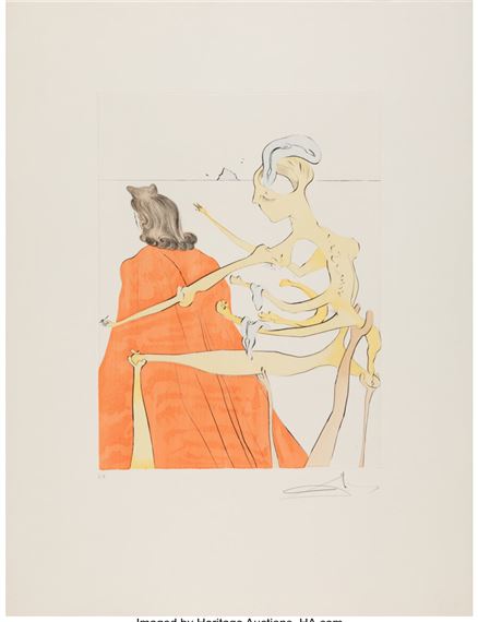 A surreal composition featuring a slender, skeletal figure interacting with a robed figure in an orange garment.