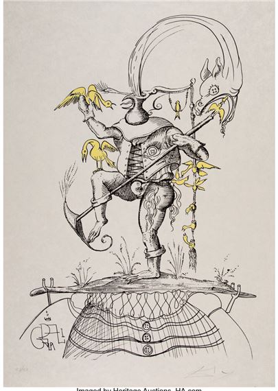 A surreal ink drawing of a figure in armor holding a staff, surrounded by birds and abstract shapes.