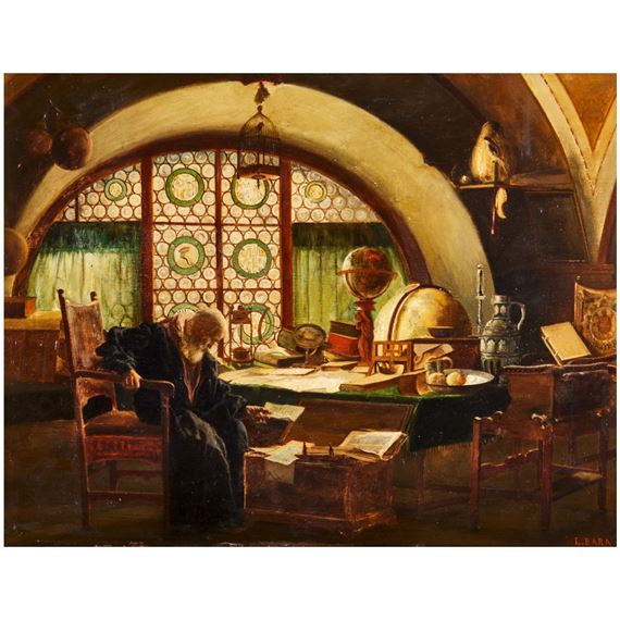 «Im Studierzimmer (in the study room)». «Der alte Dr. Faustus in Staufen (the old Dr. Faustus in Staufen)». by Leopold Bara, dated 1896