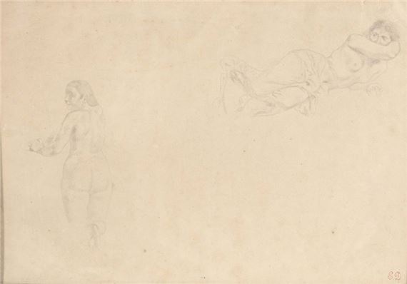 Etudes de nu debout de dos et de nu couché
Crayon noir, filigrane, collé sur feuille dans la partie supérieure, quelques rousseurs, petites piqures).
Marque ED en bas à droite (Lugt. 838a corrigé).
22,5 x 32,5 cm by Eugène Delacroix