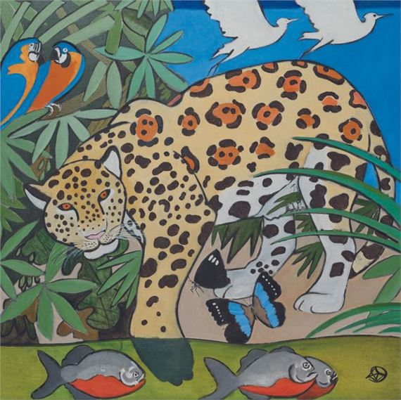 Jaguar of the Oyapock Souvenirs de Guyane" series Oil on canvas Monogrammed lower right. Titled by Jacques Chalom des Cordes, 1987