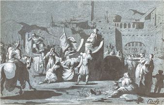 A l'entrée d'une ville, un char transporte le corps nu d'un héros (peut-être le retour du corps d'Hector à Troie) - Armand-Charles Caraffe