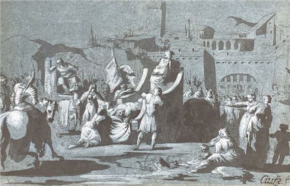 A l'entrée d'une ville, un char transporte le corps nu d'un héros (peut-être le retour du corps d'Hector à Troie) - Armand-Charles Caraffe