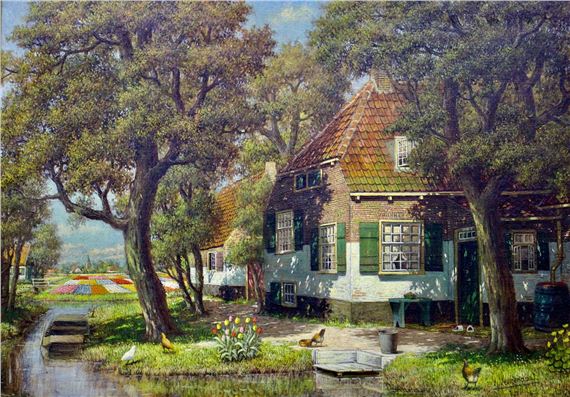 Zonnig boerenerf met kippen by Henricus Veenendaal