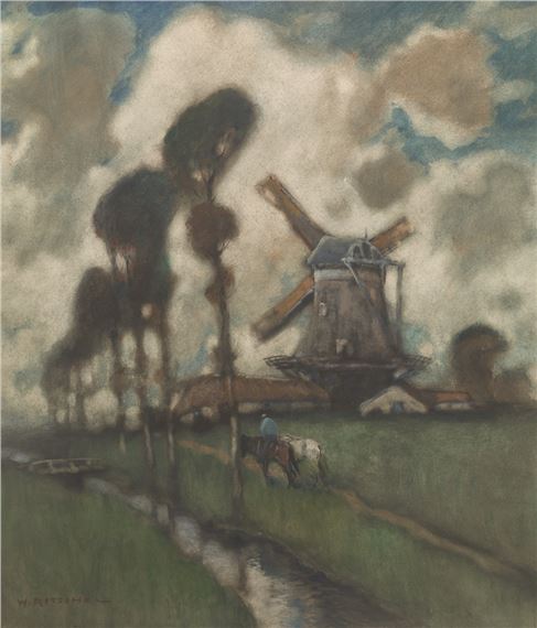 William Ritschel | Dutch landscape with windmill (1864) | MutualArt
