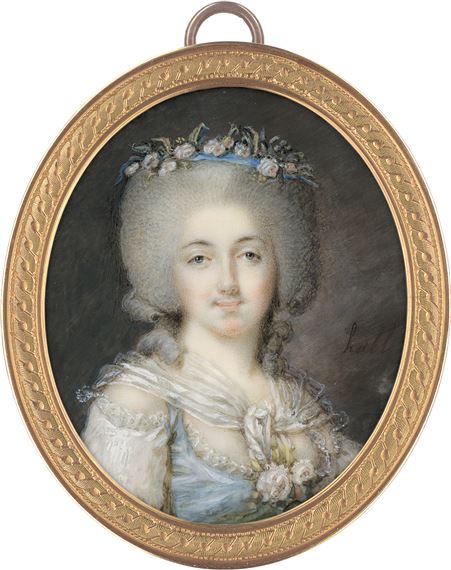 Miniatur Portrait einer jungen Frau mit Rosen im gepuderten Haar by Charles Hénard, um 1780/1785
