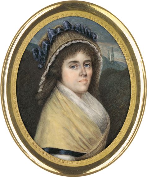 Miniatur Portrait einer jungen Frau mit gelbem Schultertuch und Haube by Charles Hénard, Um 1790/1795