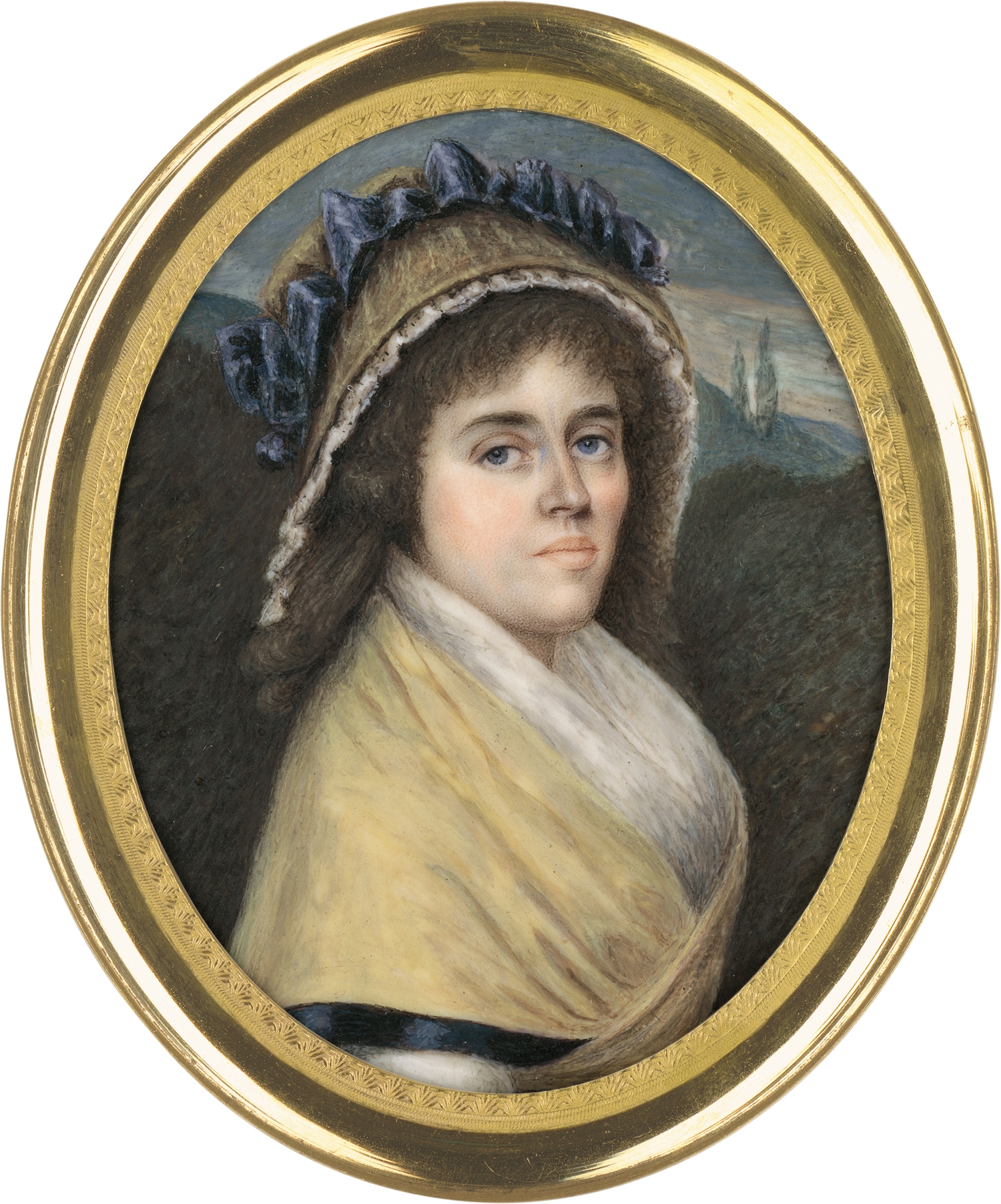 Artwork by Charles Hénard, Miniatur Portrait einer jungen Frau mit gelbem Schultertuch und Haube, Made of Aquarell und Gummiarabikum auf Elfenbein