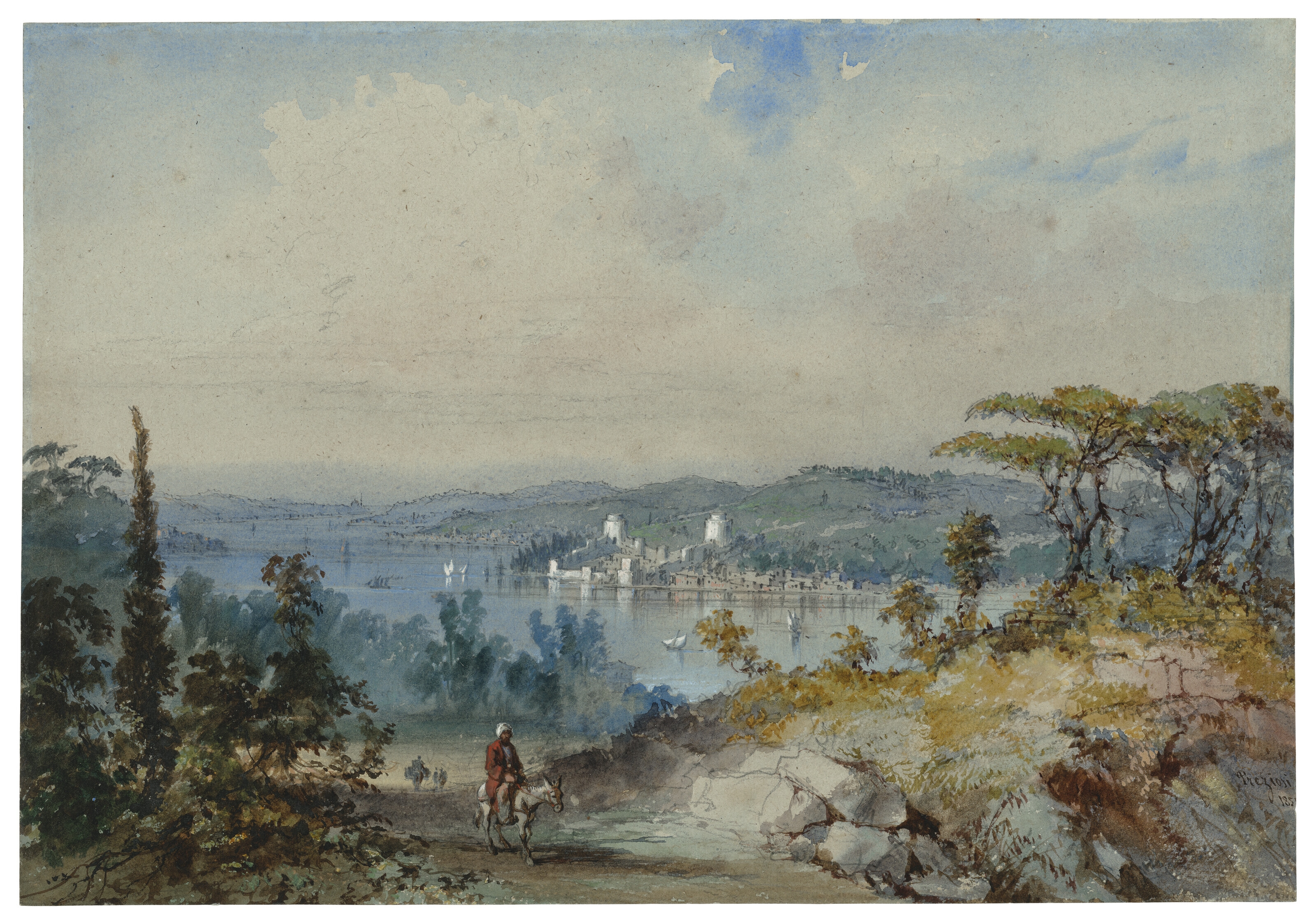 View over the Bosphorus showing the Fortress of Rumeli Hissar (Rumelihisarı), Constantinople - Amadeo Preziosi