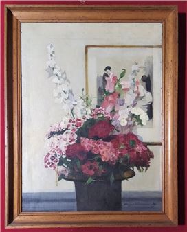 Bouquet of flowers on an entablature  signed lower right. 55 x 38 cm - Hugues de Beaumont