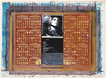 A framed collage featuring a black-and-white portrait flanked by columns of small golden symbols against a warm background.