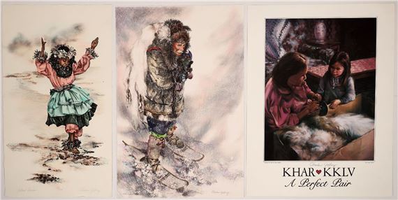 A triptych of three distinct artworks depicting figures in cold environments and a family scene.