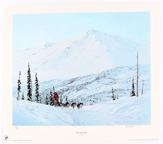 "Into the Park" by a renowned artist, this artwork captures a serene winter landscape with a team of sled dogs and a person in red navigating through snowy terrain.