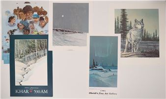 A collection of five distinct art prints featuring winter landscapes, wildlife, and a group portrait.