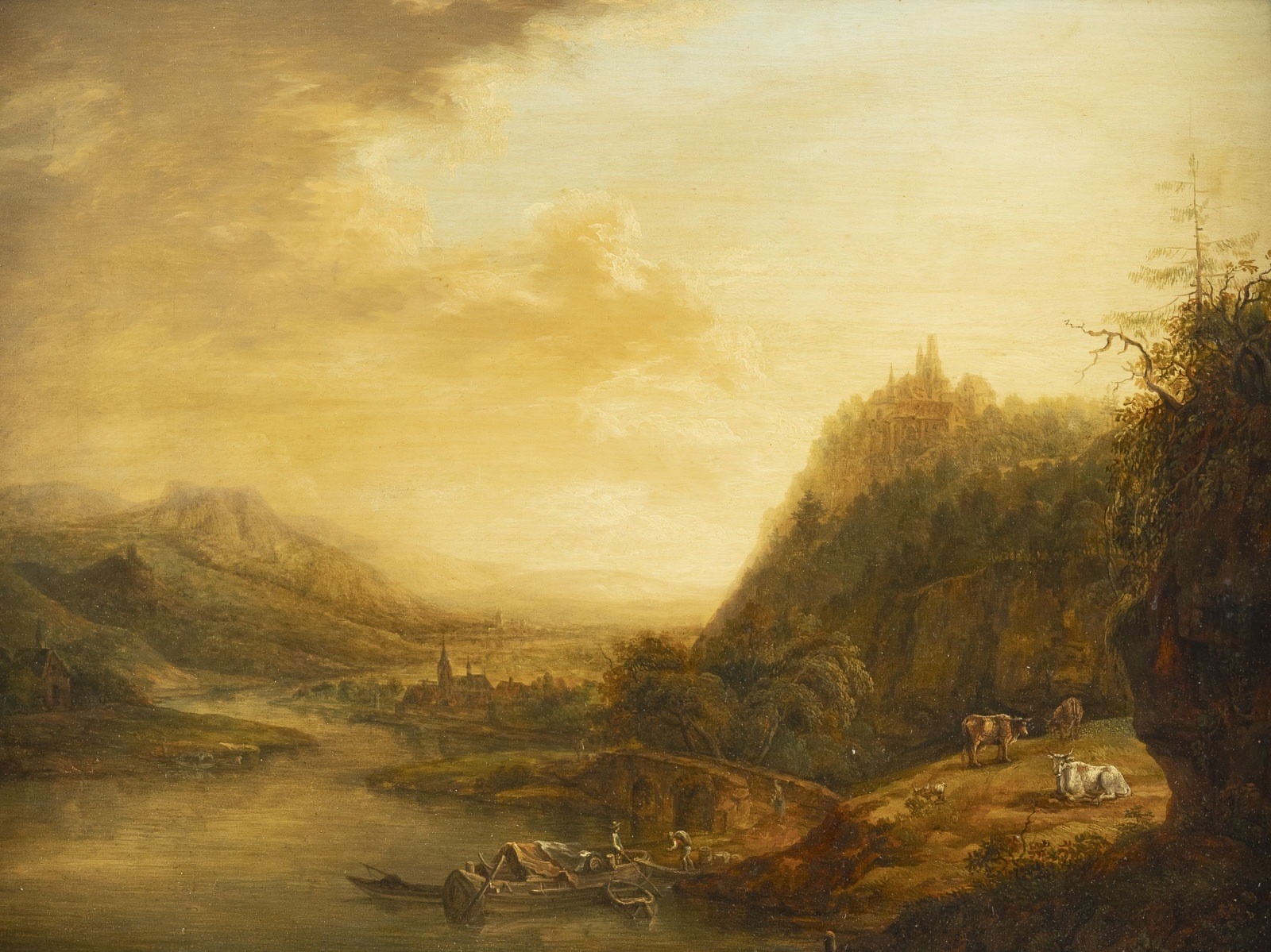 Christian Georg Schütz I | LARGE RIVER LANDSCAPE WITH A STONE BRIDGE ...