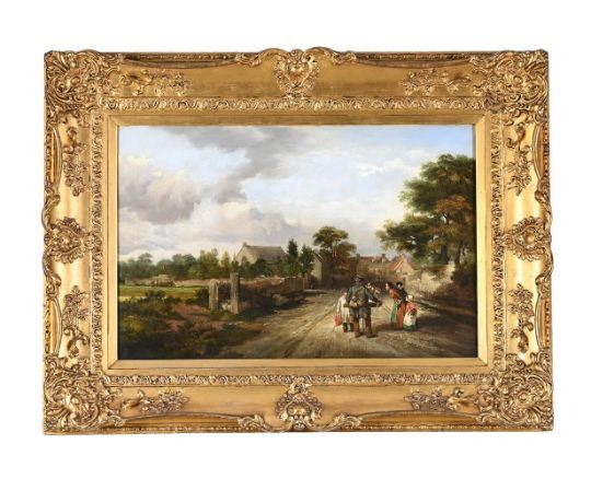 FLOWER SELLER ON A COUNTRY LANE WITH VILLAGE CHURCH BEYOND by John Watson McLea, dated
1849