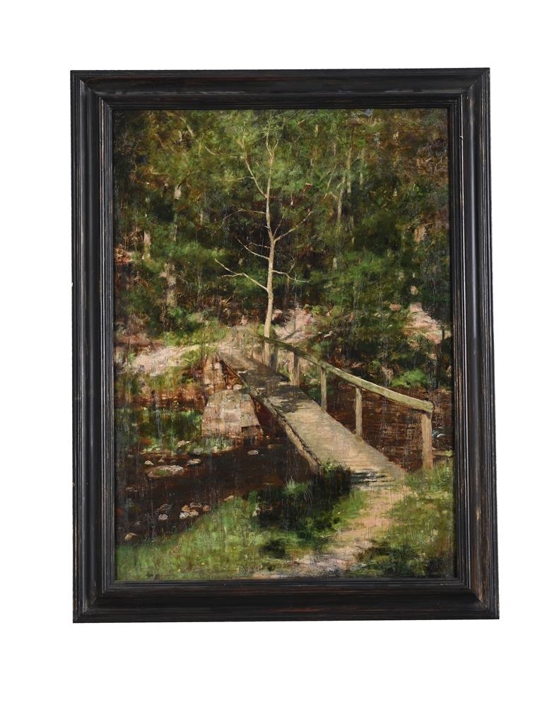 WOODED LANDSCAPE WITH A BRIDGE ACROSS A STREAM by English School, 19th Century, dated
1899