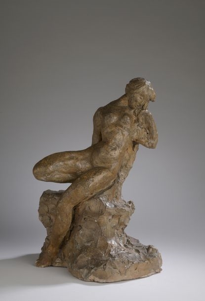 Artwork by Marius Giot, Woman on a rock, Made of terracotta sketch with patina finish