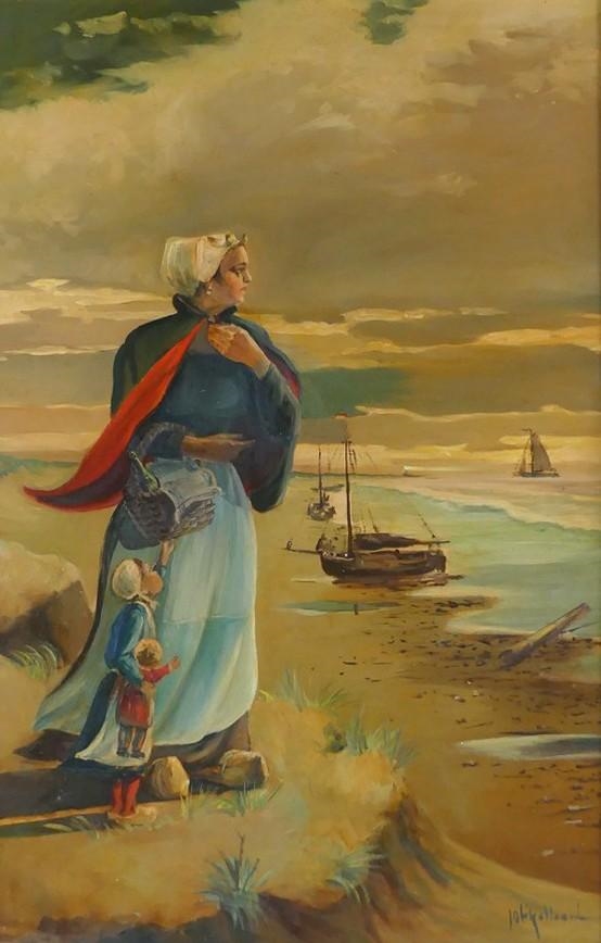 Artwork by Johannes Kollaard, Untitled: Dutch Coastline with Mother, Child and Boats in the Distance, Made of oil on canvas