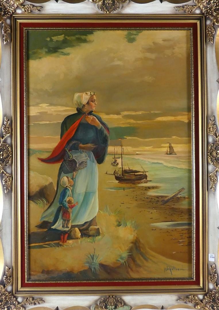 Artwork by Johannes Kollaard, Untitled: Dutch Coastline with Mother, Child and Boats in the Distance, Made of oil on canvas