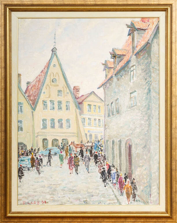 Artwork by Yakov Basov, Landscape. People in the streets, Made of Canvas, oil