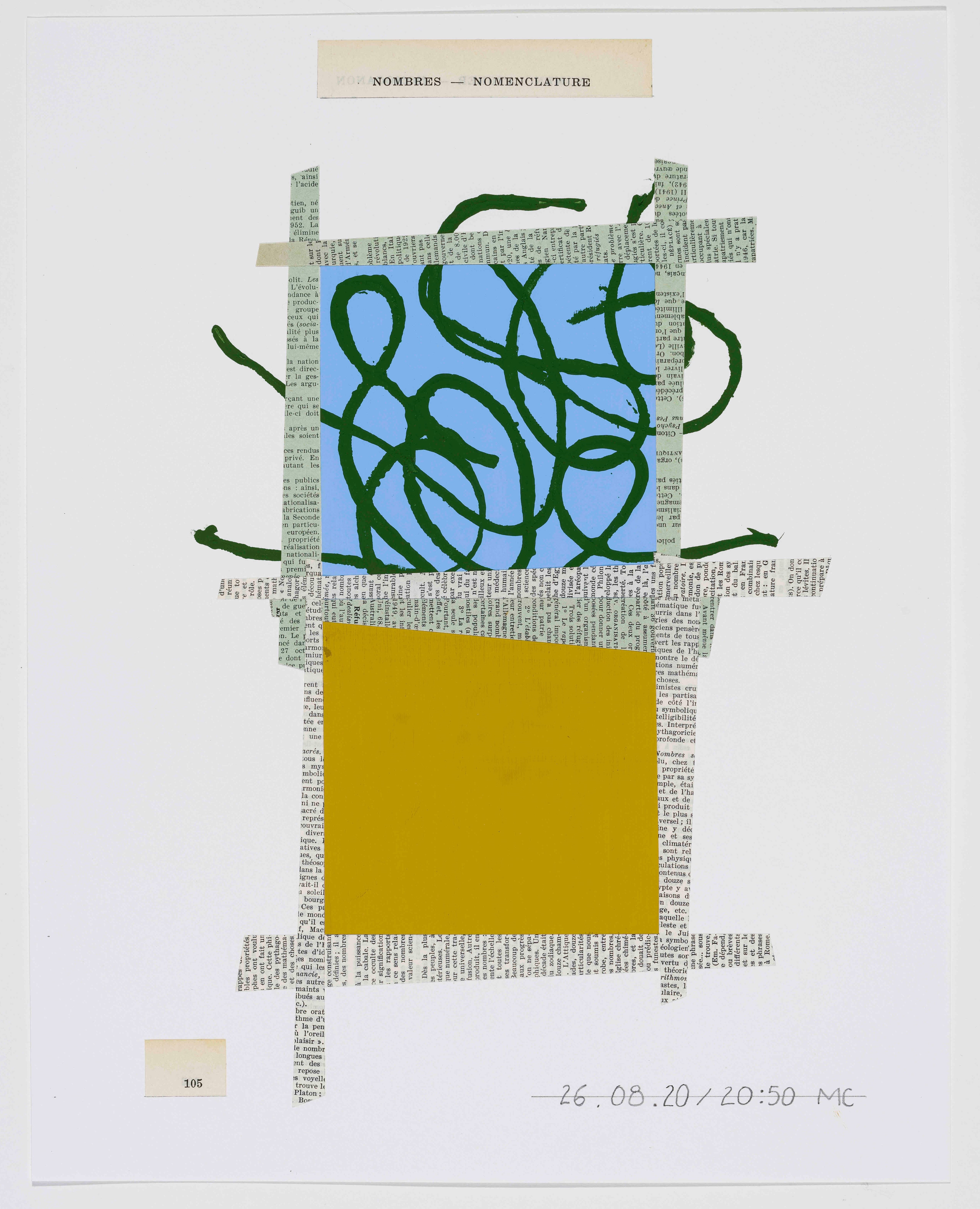 Artwork by Mario Côté, NOMBRES, NOMENCLATURE, 105, 2020, Made of Vinyl color, collage, pencil on Bristol paper, vélin finish, acid-free