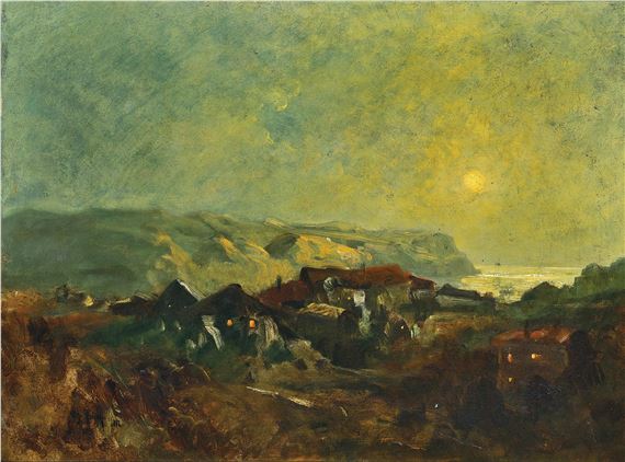A painting of a landscape with a full moon in the sky.