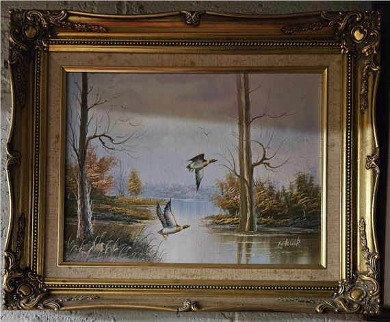 A th Century Oil on Canvas of Ducks in full flight by H Hu - Hulk