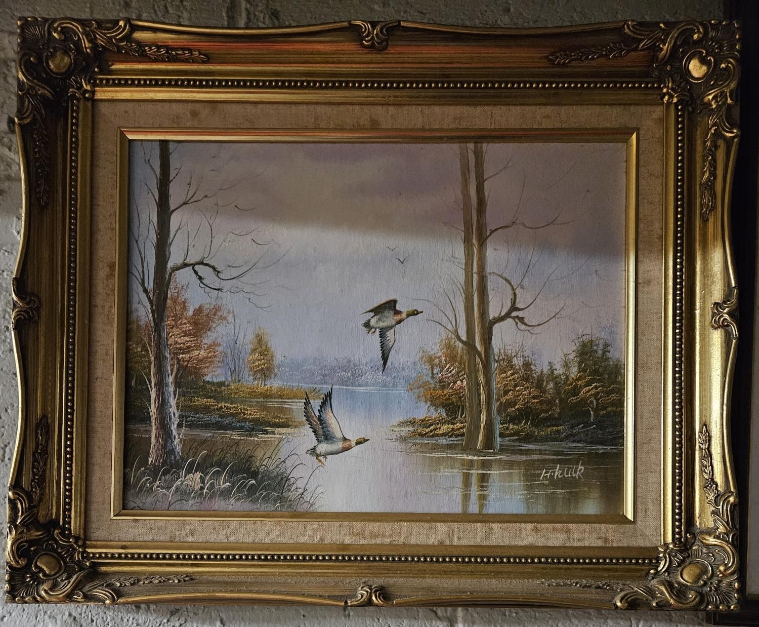 Artwork by Hulk, A th Century Oil on Canvas of Ducks in full flight by H Hu, Made of Oil on Canvas