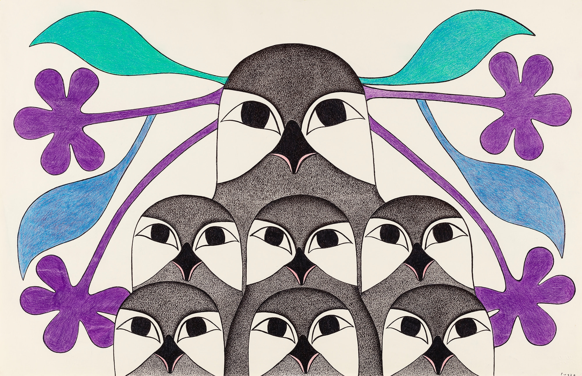 Artwork by Kenojuak Ashevak, Pyramid of Owls, Made of coloured pencil and graphite on paper