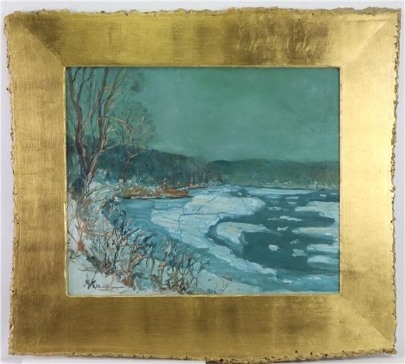 A winter landscape painting of a frozen river with bare trees and distant hills.
