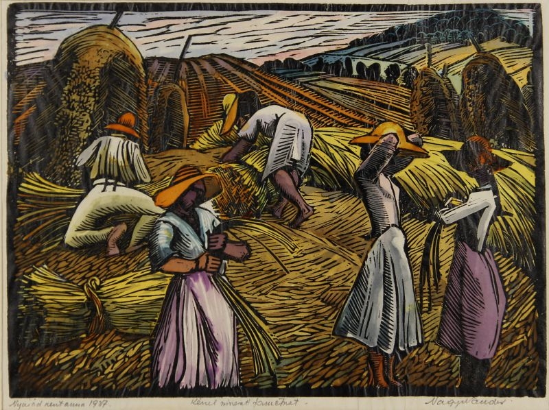 Artwork by Nagy Nándor, Arató lányok öten, Made of fametszet, akvarell