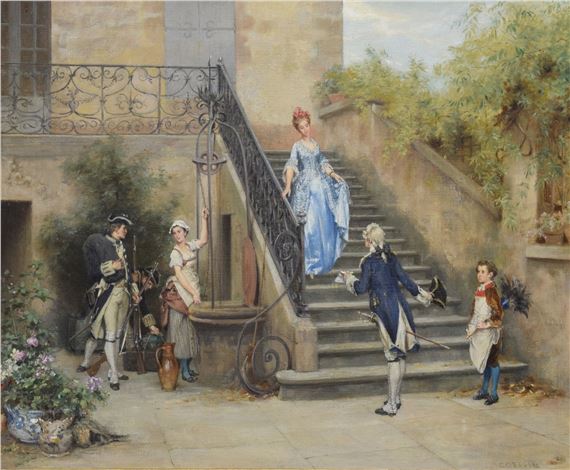 'A Cavelier Saluting an Elegant Lady in a Courtyard' by Charles Alexandre Coëssin De La Fosse