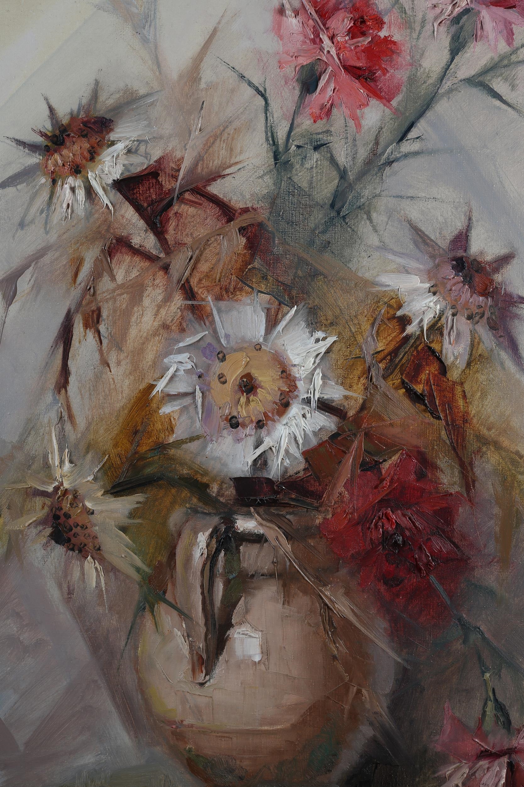 Artwork by Beppi Grimani, Still life of pinks and other summer flowers held in a vase, Made of impasto oil on canvas