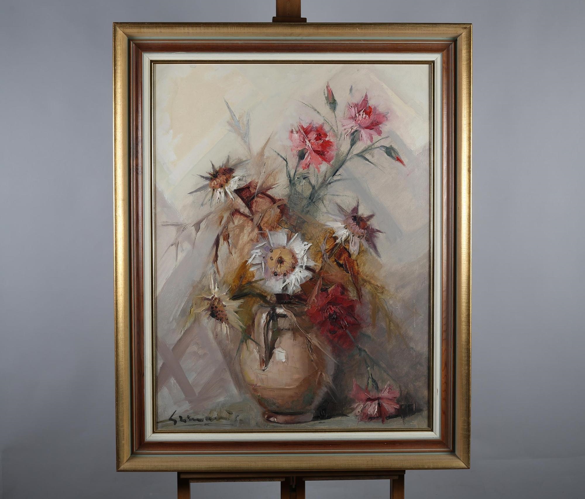 Artwork by Beppi Grimani, Still life of pinks and other summer flowers held in a vase, Made of impasto oil on canvas